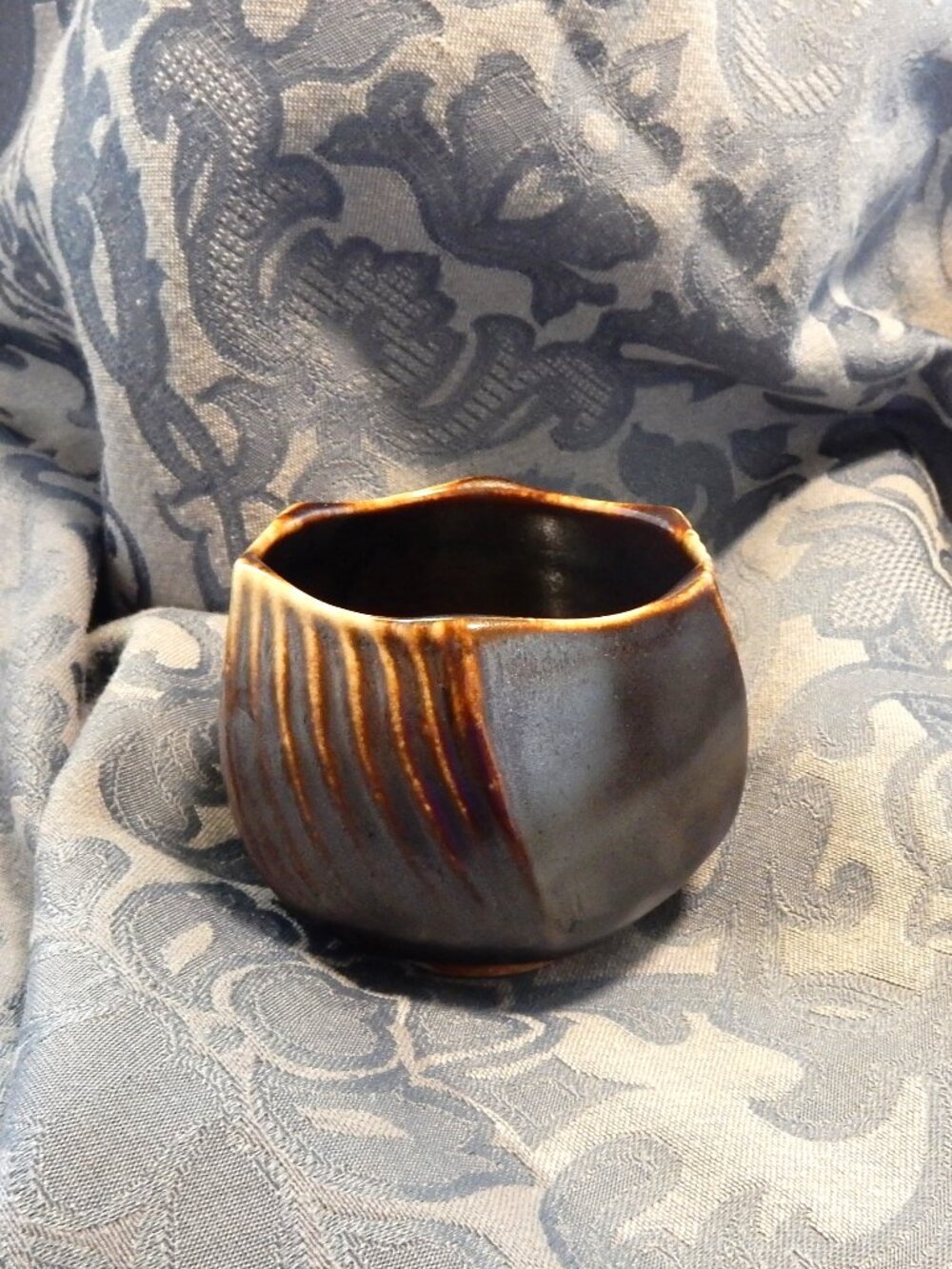 Raku? handmade pottery tea cup Japanese? gorgeous artisan ceremony 3" tall 8oz